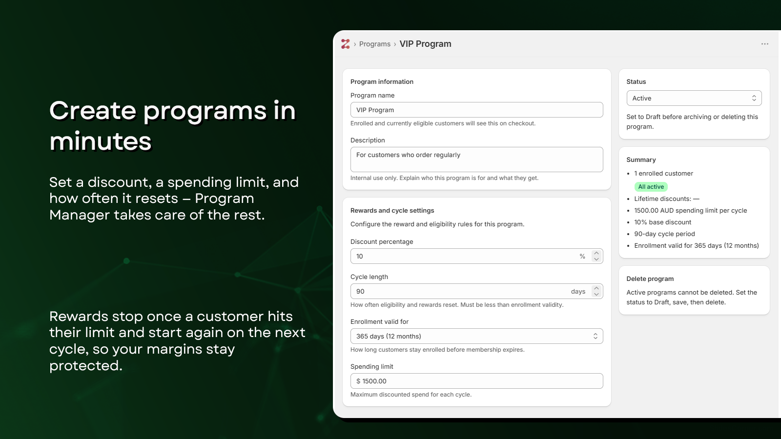 Program Manager program settings inside Shopify Admin